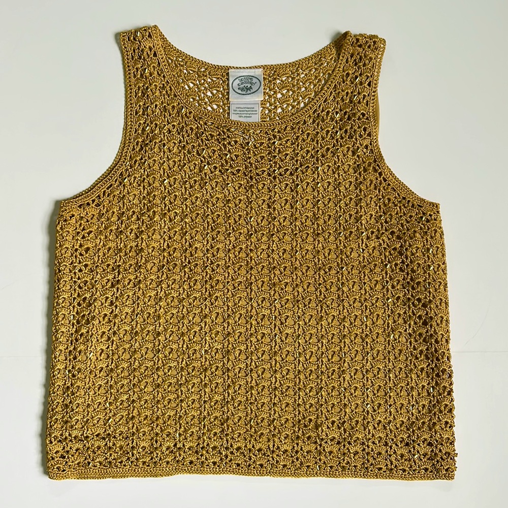 Laura Ashley Gold Beaded Crochet Tank Top Sz M